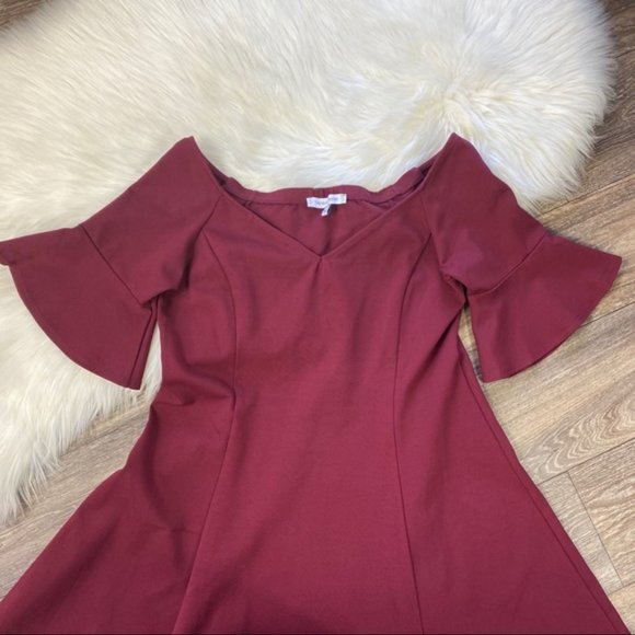 The Vanity Room Solid V-Neck Wine Red Dress - Picture 3 of 4